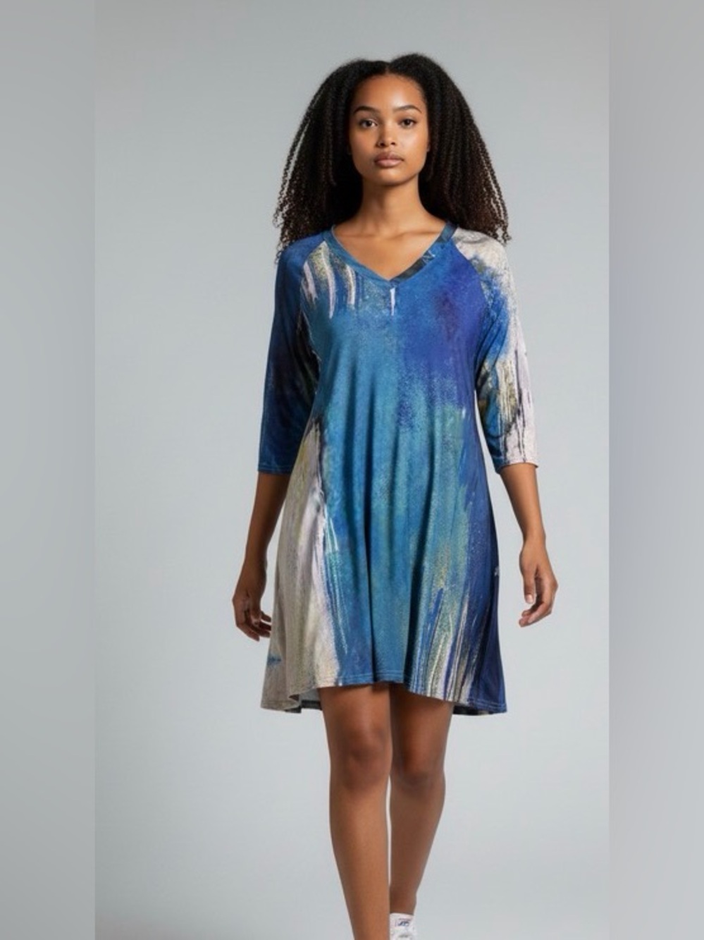 3 Potato 3/4 Sleeve Blue and Aqua Tunic, abstract watercolor relaxed A-line
